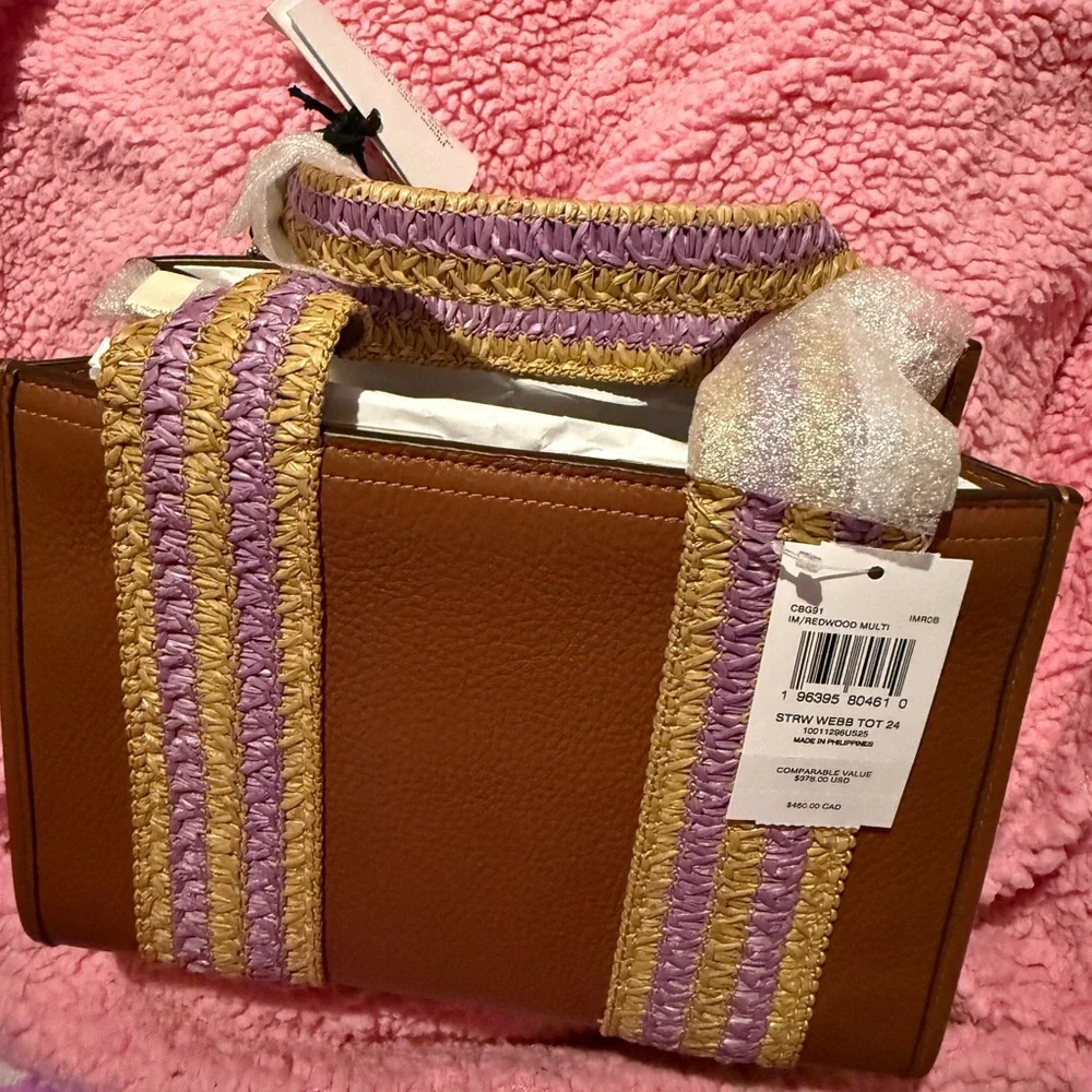Coach Satchel Crossbody leather Raffia Brown Tan and Purple NWT - Picture 6 of 12